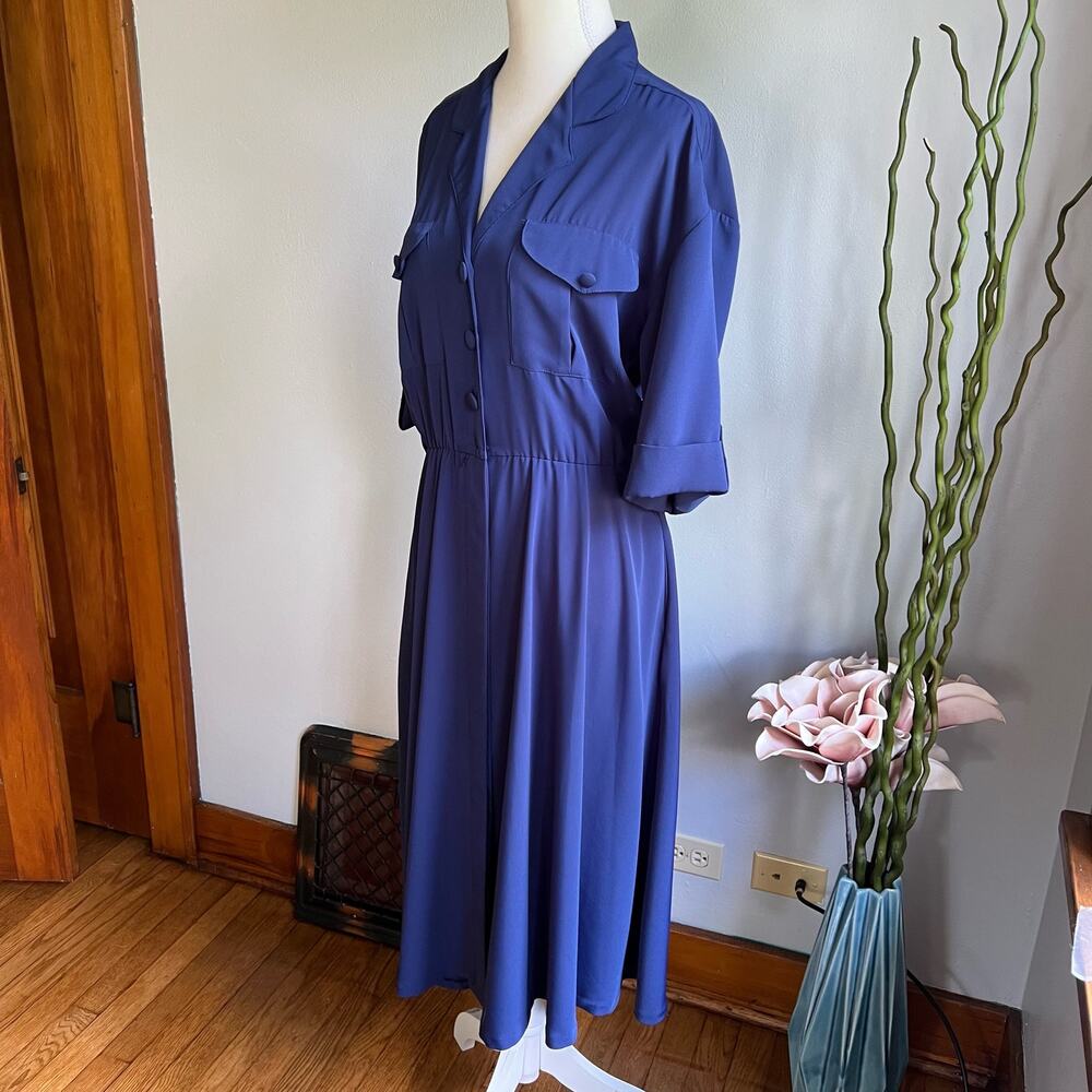 Impressions 80s Vintage Shirt Dress Button Front Pockets Size 8 Navy Blue A Line - Picture 3 of 10